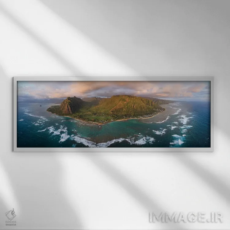 تابلو دکوراتیو جزیره اوآهو هنگام غروب، هاوایی اثر ماتئو کولومبو - نمای قابدار سفید
