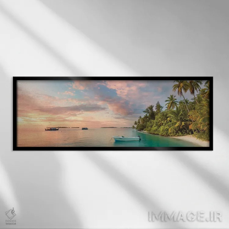 تابلو دکوراتیو Maldives, Indian Ocean,غروب بر فراز جزیره گرمسیری، مالدیو… اثر ماتئو کولومبو - نمای قابدار مشکی