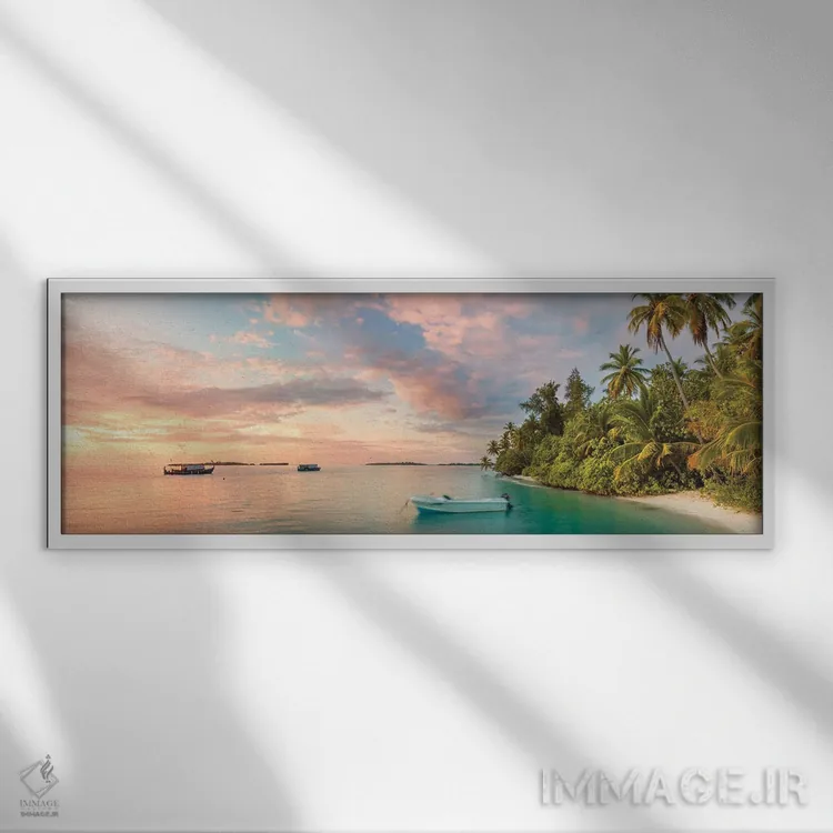 تابلو دکوراتیو Maldives, Indian Ocean,غروب بر فراز جزیره گرمسیری، مالدیو… اثر ماتئو کولومبو - نمای قابدار سفید