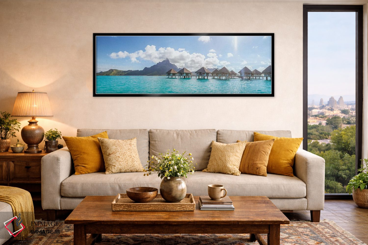 تابلو دکوراتیو منظره پانورامای خانه های ساحلی در بورا بورا اثر ماتئو کولومبو - D6B