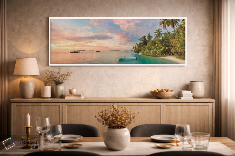 تابلو دکوراتیو Maldives, Indian Ocean,غروب بر فراز جزیره گرمسیری، مالدیو… اثر ماتئو کولومبو - D1W