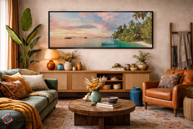 تابلو دکوراتیو Maldives, Indian Ocean,غروب بر فراز جزیره گرمسیری، مالدیو… اثر ماتئو کولومبو - D3B