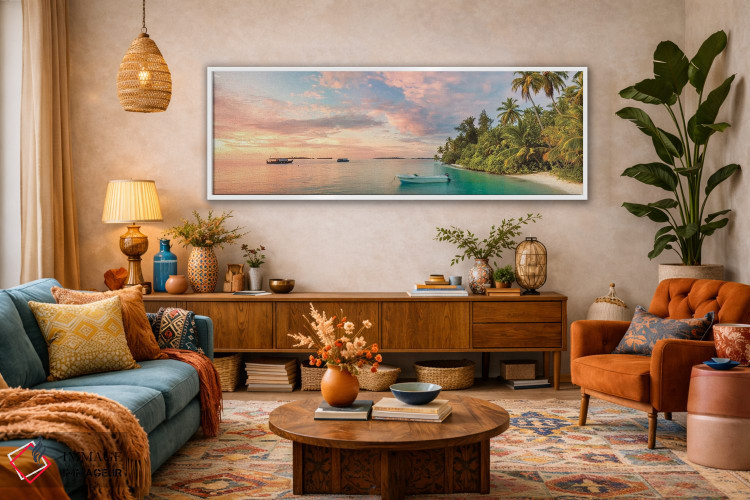 تابلو دکوراتیو Maldives, Indian Ocean,غروب بر فراز جزیره گرمسیری، مالدیو… اثر ماتئو کولومبو - D2W