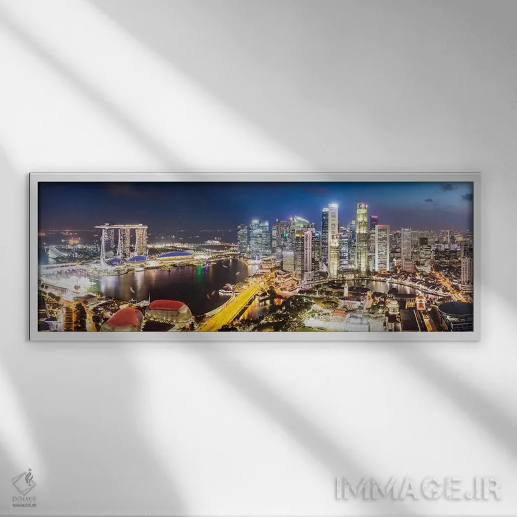 تابلو دکوراتیو Singapore,خط افق مارینا بی هنگام غروب، سنگاپور اثر ماتئو کولومبو - نمای قابدار سفید