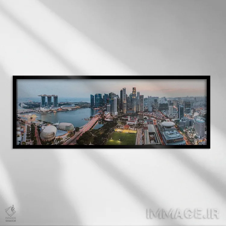 تابلو دکوراتیو Singapore,پانورامای خط افق هنگام غروب، سنگاپور اثر ماتئو کولومبو - نمای قابدار مشکی
