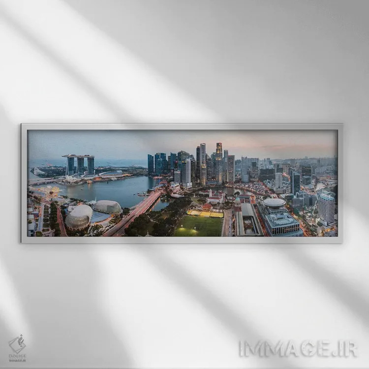 تابلو دکوراتیو Singapore,پانورامای خط افق هنگام غروب، سنگاپور اثر ماتئو کولومبو - نمای قابدار سفید