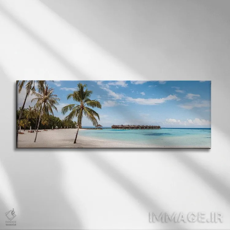 تابلو دکوراتیو Maldives,ساحل با درختان نخل، مالدیو اثر ماتئو کولومبو - نمای روبهرو روی دیوار