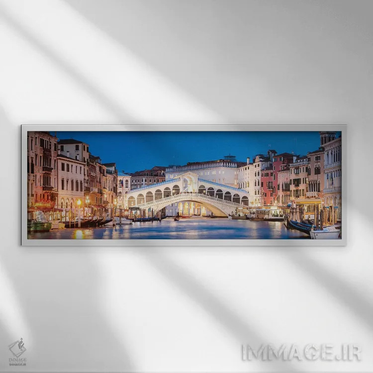 تابلو دکوراتیو Venice,پل ریالتو در شب، ونیز اثر ماتئو کولومبو - نمای قابدار سفید