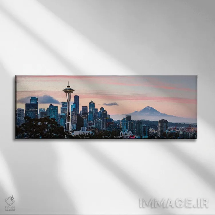 تابلو دکوراتیو منظره شهر سیاتل و کوه رینیر اثر ماتئو کولومبو - نمای روبهرو روی دیوار
