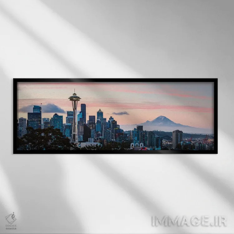 تابلو دکوراتیو منظره شهر سیاتل و کوه رینیر اثر ماتئو کولومبو - نمای قابدار مشکی