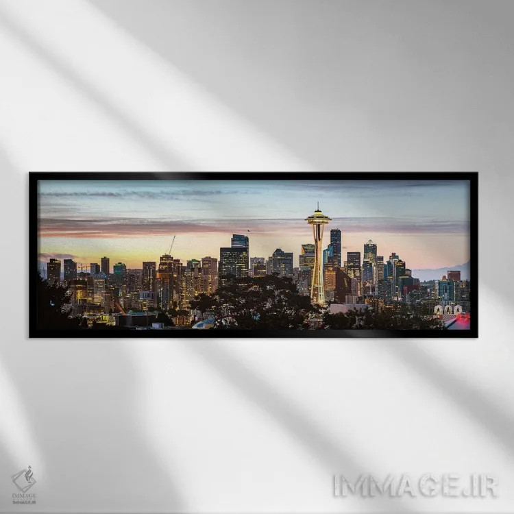 تابلو دکوراتیو پانورامای خط افق سیاتل اثر ماتئو کولومبو - نمای قابدار مشکی