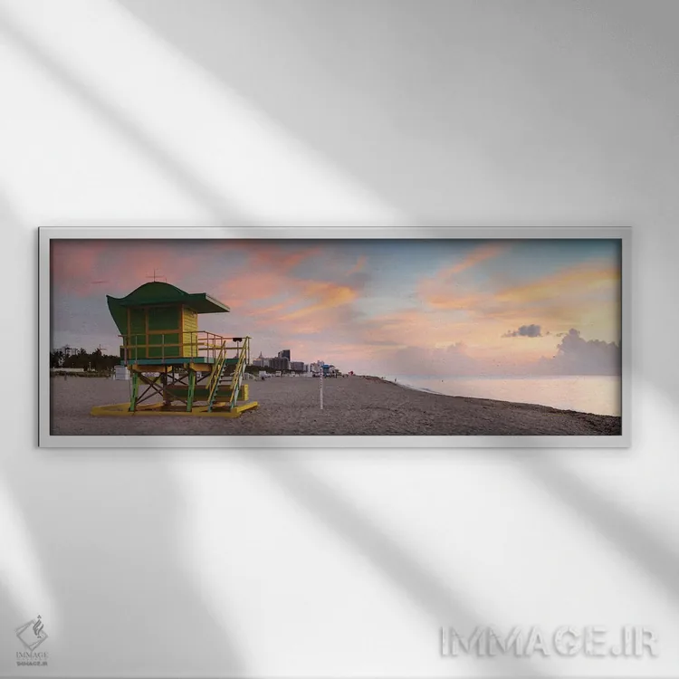 تابلو دکوراتیو طلوع خورشید ساحل میامی اثر ماتئو کولومبو - نمای قابدار سفید