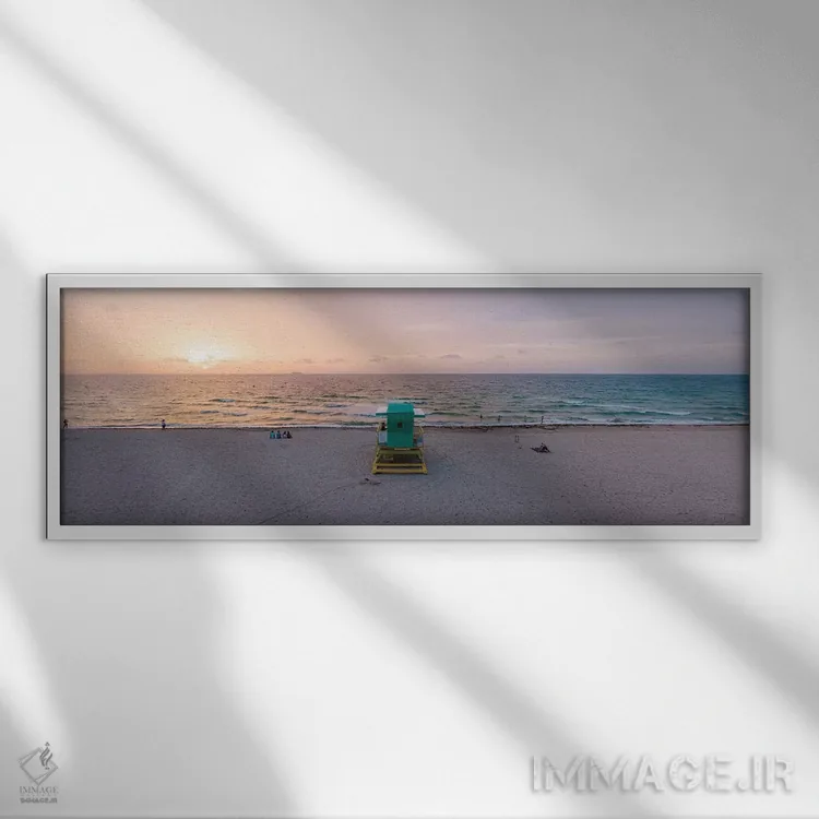 تابلو دکوراتیو طلوع خورشید پانوراما بر ساحل میامی اثر ماتئو کولومبو - نمای قابدار سفید