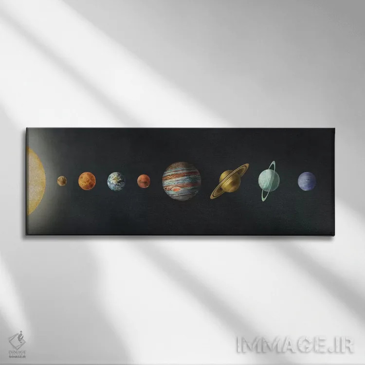 تابلو دکوراتیو منظومه شمسی مشکی اثر تری فن - نمای روبهرو روی دیوار