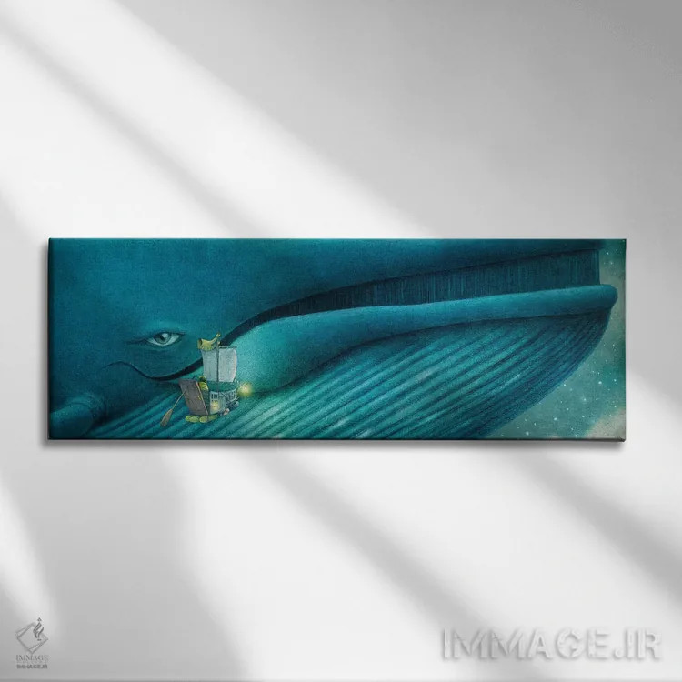 تابلو دکوراتیو فین و نهنگ آبی اثر تری فن - نمای روبهرو روی دیوار
