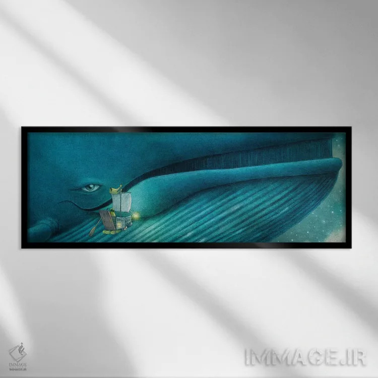 تابلو دکوراتیو فین و نهنگ آبی اثر تری فن - نمای قابدار مشکی