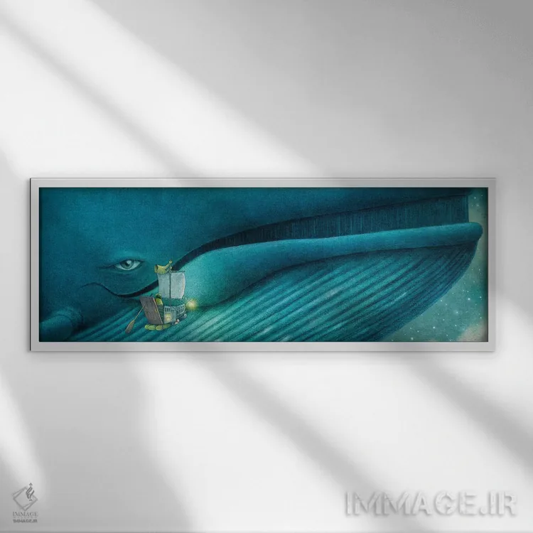 تابلو دکوراتیو فین و نهنگ آبی اثر تری فن - نمای قابدار سفید