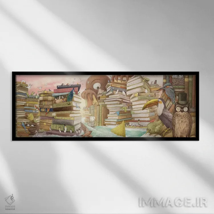 تابلو دکوراتیو جزایر کتابخانه اثر تری فن - نمای قابدار مشکی