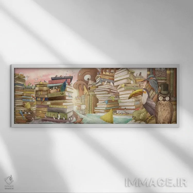 تابلو دکوراتیو جزایر کتابخانه اثر تری فن - نمای قابدار سفید