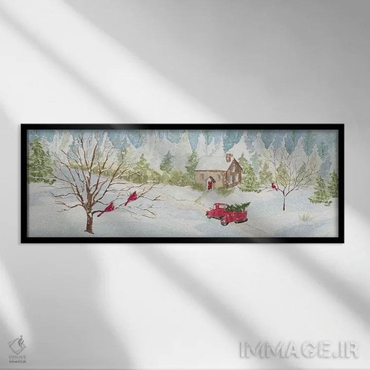 تابلو دکوراتیو کریسمس در روستا با کامیون قرمز اثر تارا رید - نمای قابدار مشکی