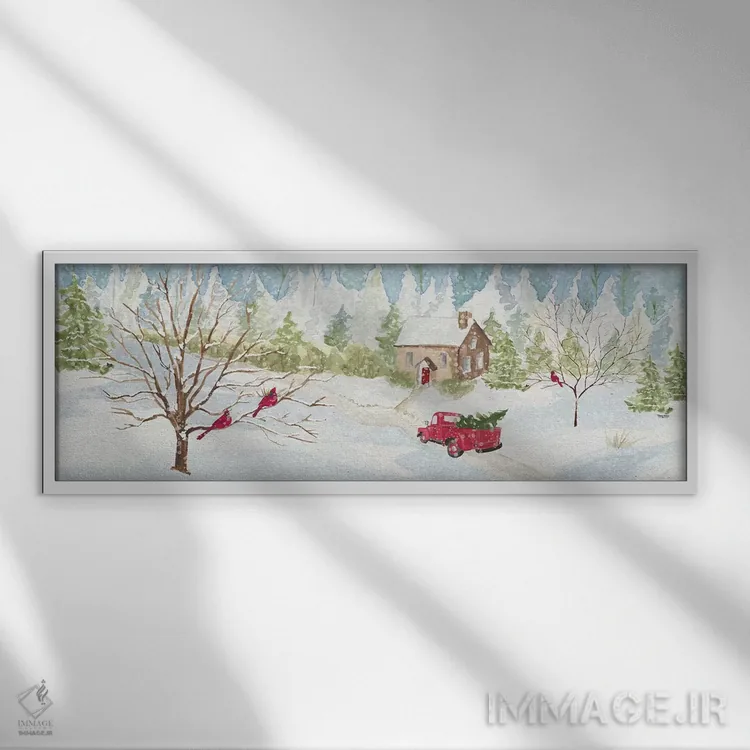 تابلو دکوراتیو کریسمس در روستا با کامیون قرمز اثر تارا رید - نمای قابدار سفید