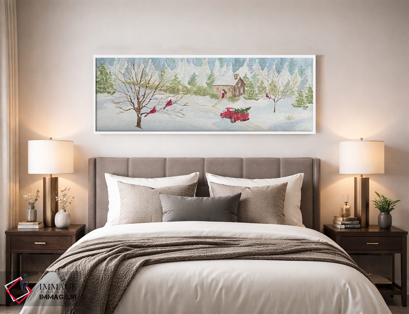 تابلو دکوراتیو کریسمس در روستا با کامیون قرمز اثر تارا رید - D3W