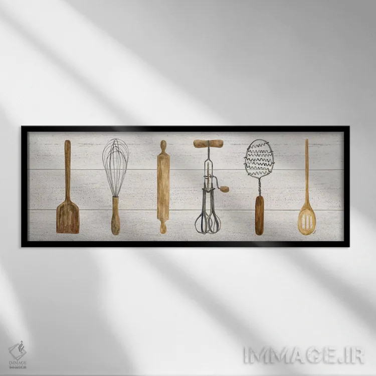 تابلو مینیمال پنل وسایل آشپزخانه قدیمی اثر تارا رید - نمای قابدار مشکی