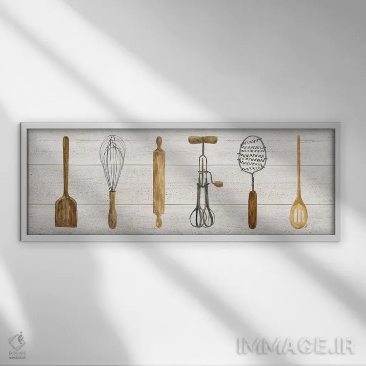 تابلو مینیمال پنل وسایل آشپزخانه قدیمی اثر تارا رید - نمای قابدار سفید