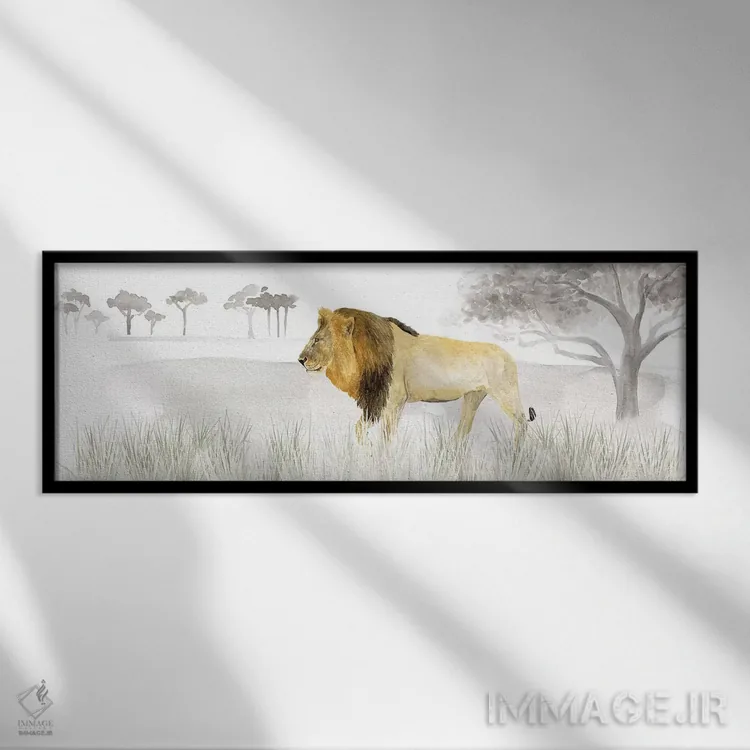 تابلو دکوراتیو پنل افقی شیر سرنگتی اثر تارا رید - نمای قابدار مشکی