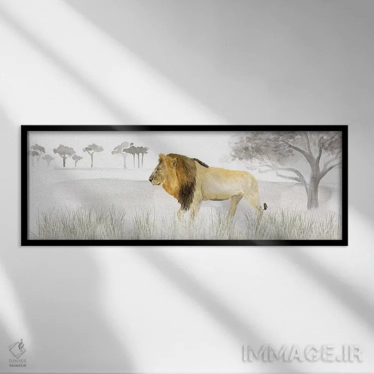 تابلو دکوراتیو پنل افقی شیر سرنگتی اثر تارا رید - نمای قابدار مشکی