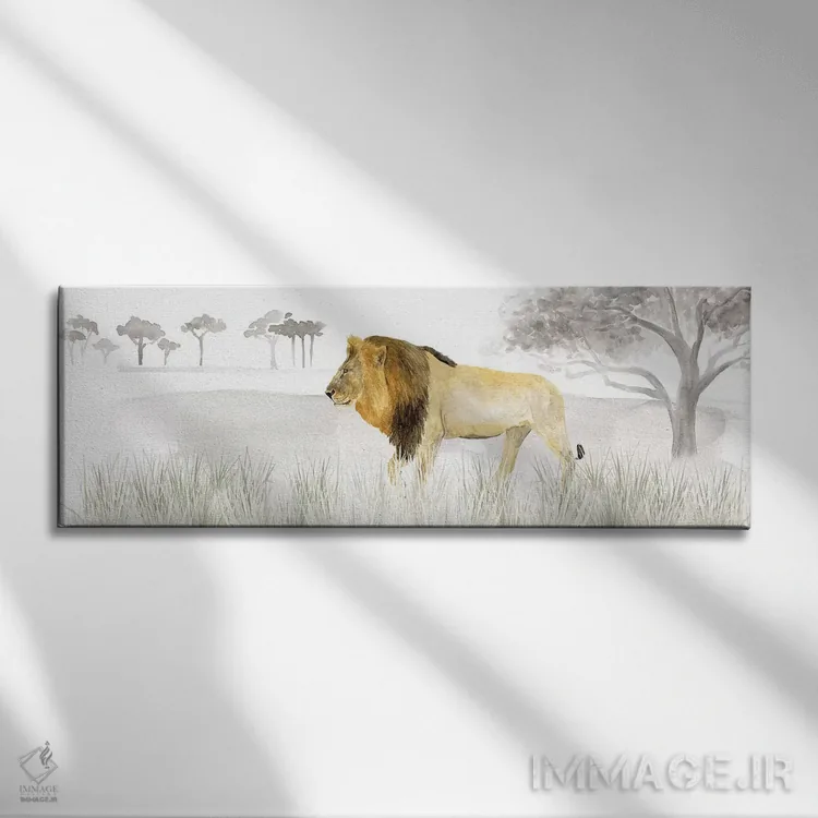 تابلو دکوراتیو پنل افقی شیر سرنگتی اثر تارا رید - نمای روبهرو روی دیوار