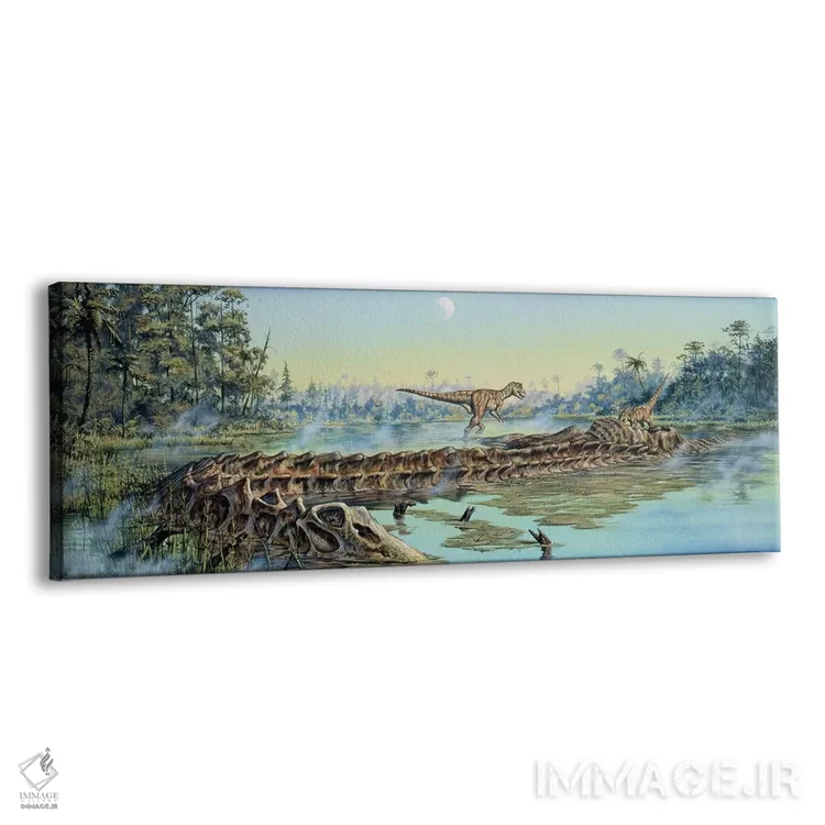 تابلو دکوراتیو یک جفت دایناسور آلوصور بقایای لاشه دیپلودوکوس را بررسی می کنن… اثر مارک هالت - نمای پرسپکتیو محصول