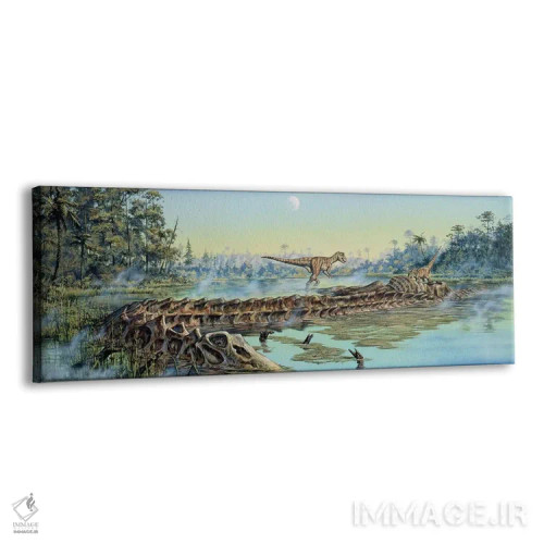 تابلو دکوراتیو یک جفت دایناسور آلوصور بقایای لاشه دیپلودوکوس را بررسی می کنن… اثر مارک هالت - نمای پرسپکتیو محصول