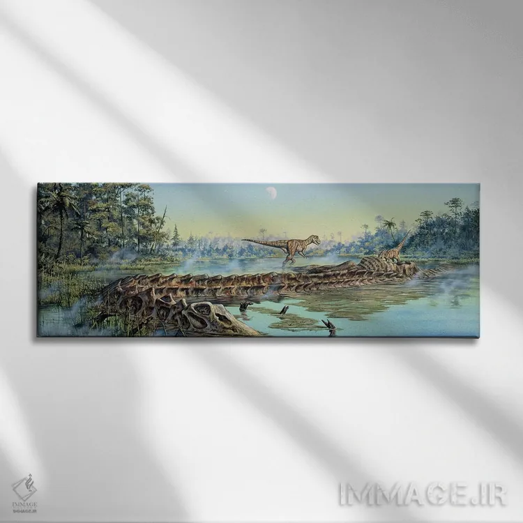 تابلو دکوراتیو یک جفت دایناسور آلوصور بقایای لاشه دیپلودوکوس را بررسی می کنن… اثر مارک هالت - نمای روبهرو روی دیوار