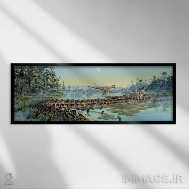 تابلو دکوراتیو یک جفت دایناسور آلوصور بقایای لاشه دیپلودوکوس را بررسی می کنن… اثر مارک هالت - نمای قابدار مشکی