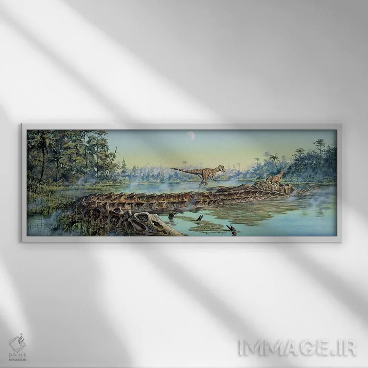 تابلو دکوراتیو یک جفت دایناسور آلوصور بقایای لاشه دیپلودوکوس را بررسی می کنن… اثر مارک هالت - نمای قابدار سفید