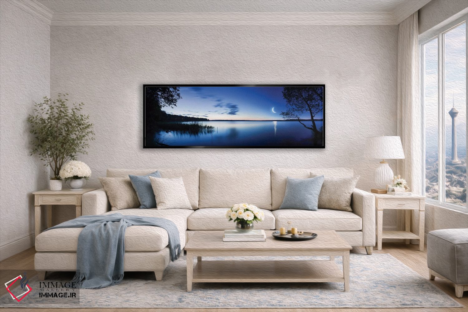 تابلو دکوراتیو Mozhaisk, Russia.,طلوع ماه بر فراز دریاچه آرام در برابر آسم… اثر اوگنی کوکلف - D5B