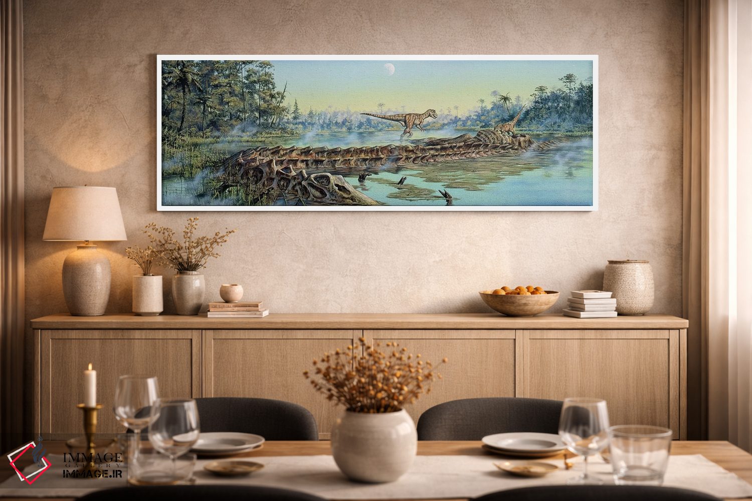 تابلو دکوراتیو یک جفت دایناسور آلوصور بقایای لاشه دیپلودوکوس را بررسی می کنن… اثر مارک هالت - D2W