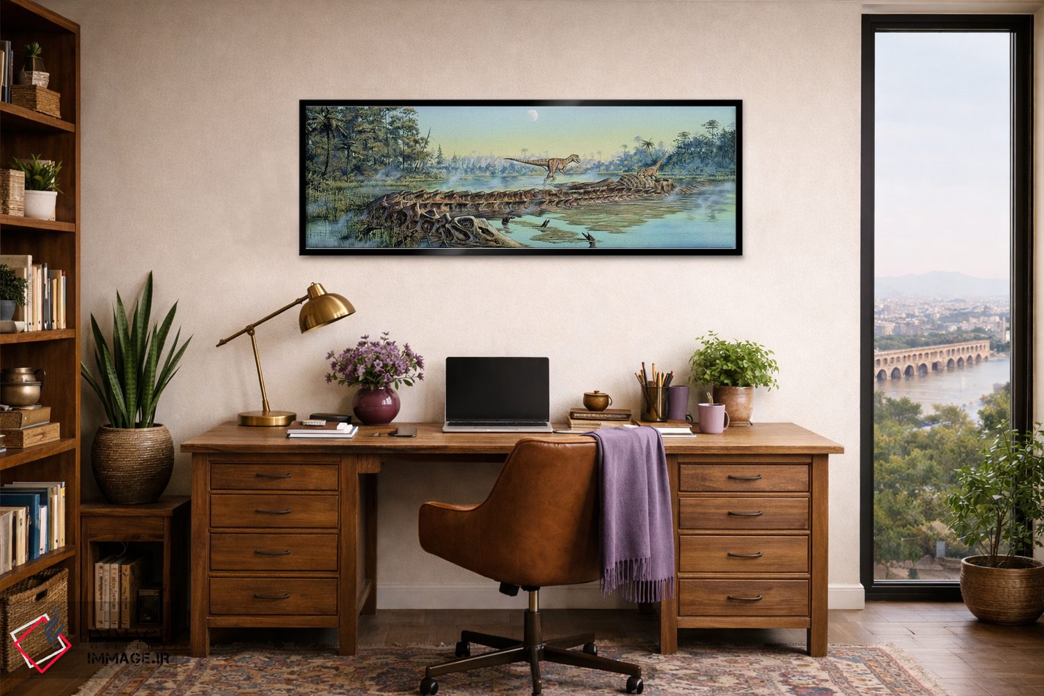 تابلو دکوراتیو یک جفت دایناسور آلوصور بقایای لاشه دیپلودوکوس را بررسی می کنن… اثر مارک هالت - D3B