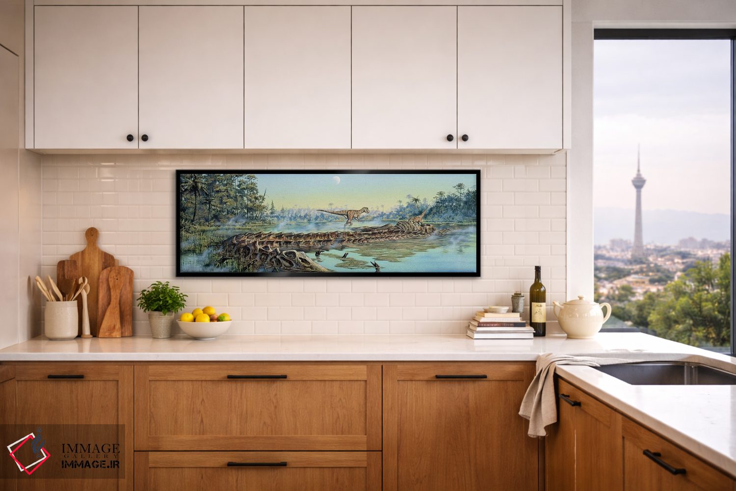 تابلو دکوراتیو یک جفت دایناسور آلوصور بقایای لاشه دیپلودوکوس را بررسی می کنن… اثر مارک هالت - D5B