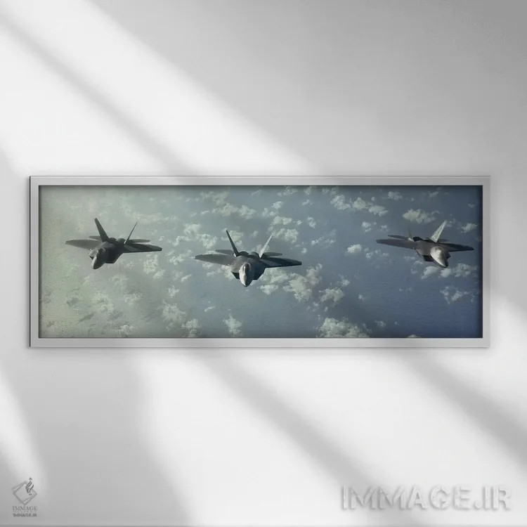 تابلو دکوراتیو آرایش پروازی سه فروند F-22 رپتور بر فراز اقیانوس آرام اثر استاک ترک ایمیجز - نمای قابدار سفید