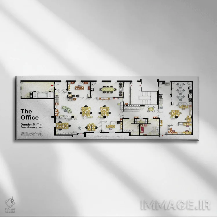 تابلو دکوراتیو نقشه دفاتر شرکت سریال آفیس اثر تی وی فلورپلنز اند مور - نمای روبهرو روی دیوار