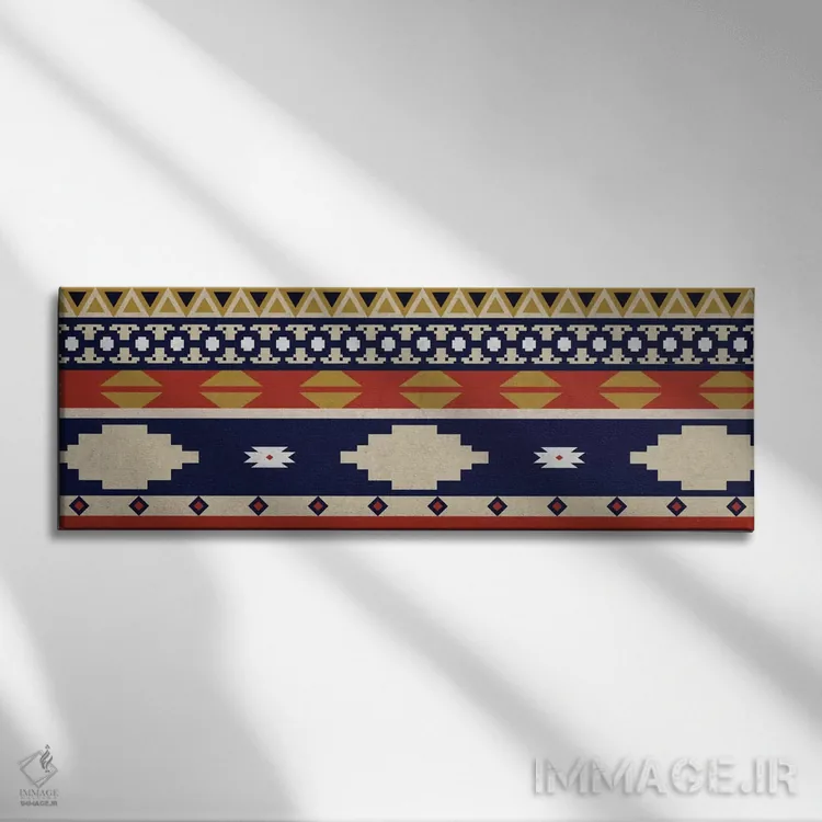 تابلو انتزاعی نقش قبیله ای آبی و نارنجی ۱ اثر فایو بای فایو کالکتیو - نمای روبهرو روی دیوار