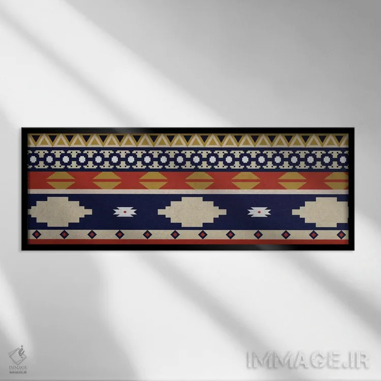 تابلو انتزاعی نقش قبیله ای آبی و نارنجی ۱ اثر فایو بای فایو کالکتیو - نمای قابدار مشکی