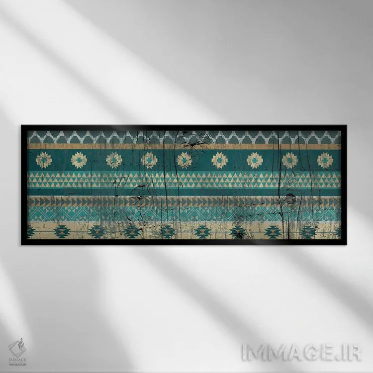 تابلو انتزاعی نقش قبیله ای سبزآبی روی چوب اثر فایو بای فایو کالکتیو - نمای قابدار مشکی