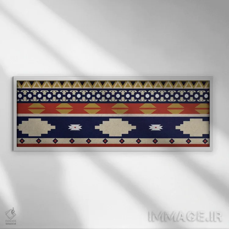 تابلو انتزاعی نقش قبیله ای آبی و نارنجی ۱ اثر فایو بای فایو کالکتیو - نمای قابدار سفید