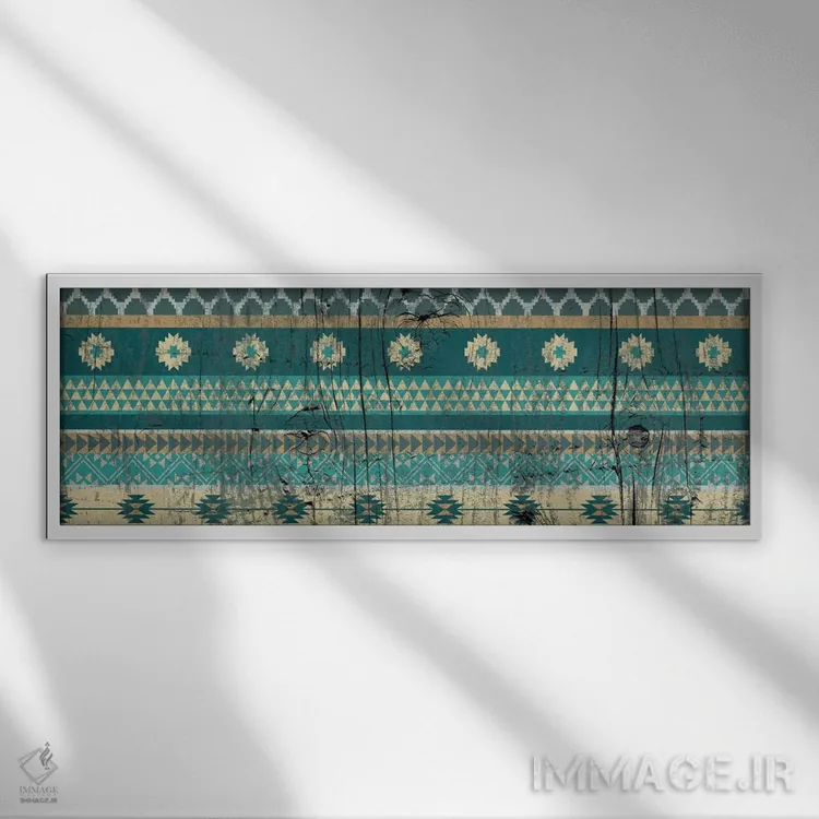 تابلو انتزاعی نقش قبیله ای سبزآبی روی چوب اثر فایو بای فایو کالکتیو - نمای قابدار سفید