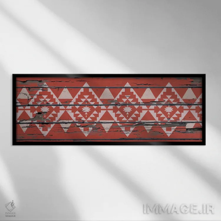 تابلو انتزاعی نقش قبیله ای قرمز روی چوب اثر فایو بای فایو کالکتیو - نمای قابدار مشکی