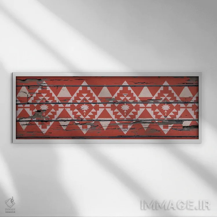 تابلو انتزاعی نقش قبیله ای قرمز روی چوب اثر فایو بای فایو کالکتیو - نمای قابدار سفید
