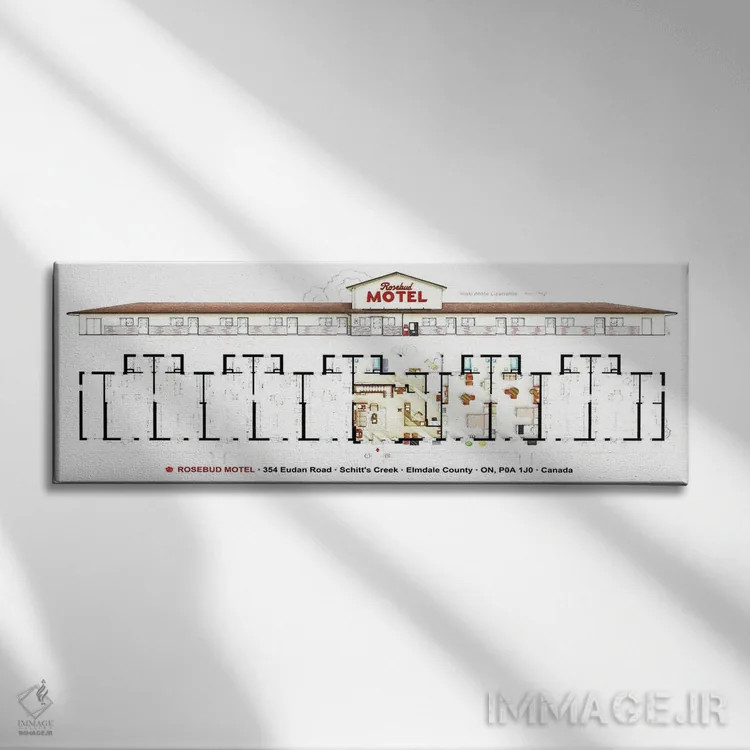 تابلو دکوراتیو نقشه متل رزباد از سریال شیتز کریک اثر تی وی فلورپلنز اند مور - نمای روبهرو روی دیوار